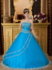 Hand Made Flower Appliques Teal Quinceanera Dress Gowns