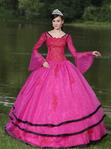 Long Sleeves V-neck Layered Fushsia Quinceanera Dresses