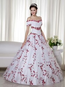 White and Red Off The Shoulder Quinceanera Dress Embroidery