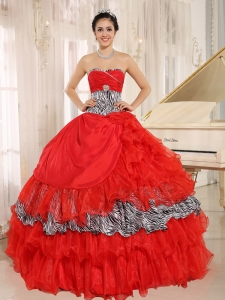 Zebra Red Flowers Ruffled Dress for Quinceanera Sixteen