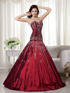 Wine Red Beaded Embroidery Sweet Sixteen Quinceanera Dress