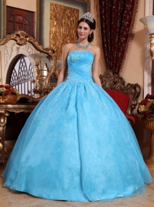 Aqua Blue Organza Appliques Ball Gown Quinceanera Dresses