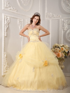 Hand Made Flowers Quinceanera Dress Appliques Light Yellow