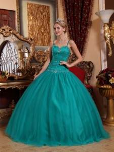 Spaghetti Straps Dress for Quinceanera Tulle Beading Teal