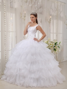 Scoop Quinceanera Dress White Appliques Satin and Organza