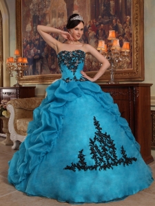 Appliques Quinceanera Dress Gown Beaded Pick-ups Aqua Blue