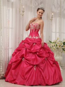 Coral Red Appliques Pick-ups Quinceanera Ball Gown Dress