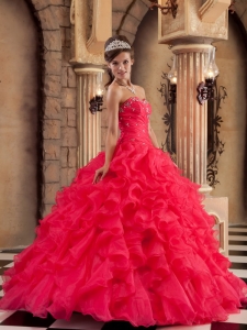 Red Sweet 16 Dress Organza Ruffles Ball Gown Sweetheart
