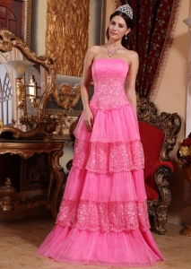 Lace Rose Pink Beading Prom Pageant Dress Appliques Train
