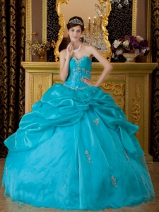 Flowers Teal Pick-ups Quinceanera Dress Appliques Organza