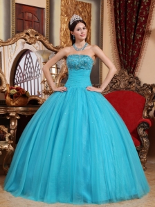 Embroidery with Beading Quinceanera Dress Teal Strapless Tulle