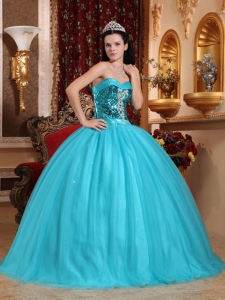 Tulle Sequins Quince Dress Sweetheart Beading Ball Gown Teal