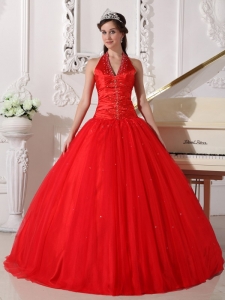 Halter Top Red Quinceanera Dress Beaded for Military Ball
