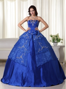 Embroidery Quinceanera Dress Royal blue Strapless Organza