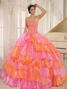 Rose Pink and Orange Quinces Dress Ruffled Layers Appliques