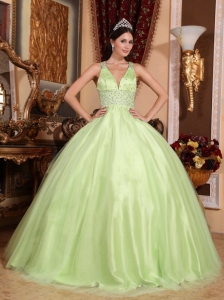 Tulle Taffeta Quinces Dress Yellow Green V-neck Beading