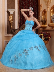 Ball Gown Quinces Dress Aqua Blue Organza Beading Sweetheart