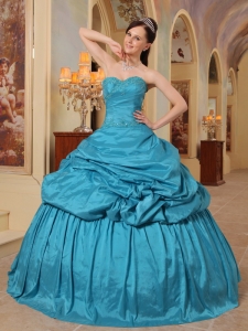 Teal Appliques Beading Pick-ups Quinceanera Gown Dresses