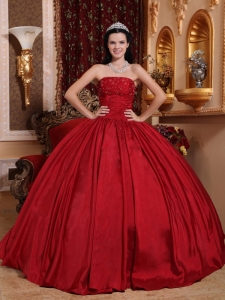 Quinceanera Ball Gown Strapless Wine Red Taffeta Beading