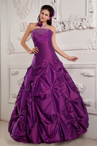 A-line Sweet 16 Dress Eggplant Purple Taffeta Beaded Pick-ups