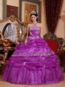 Organza Quinces Dress Strapless Appliques Ball Gown Purple