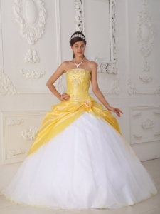 Yellow White Sweet 16 Dress Organza Taffeta Appliques Strapless