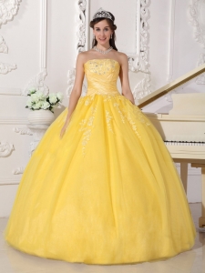 Yellow Strapless Quinceanera Dress Taffeta and Tulle Appliques