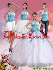 2015 Detachable Strapless Beading and Appliques Quinceanera Dress in White and Blue