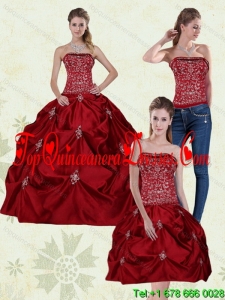2015 Detachable Wine Red Strapless Quinceanera Gown with Embroidery
