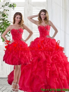 Detachable 2015 Red Strapless Quinceanera Dress with Ruffles and Beading