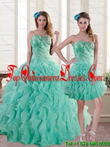 Detachable Aqua Blue Quince Dresses with Beading and Ruffles for 2015
