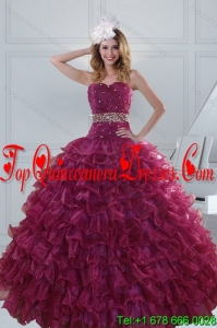 Detachable Beading and Ruffles Quinceanera Dresses in Burgundy