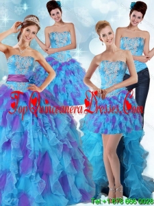 Detachable Multi Color Strapless Quinceanera Dress with Ruffles and Appliques