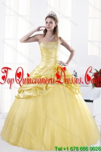 Detachable Strapless Beading Yellow Quinceanera Dresses for 2015
