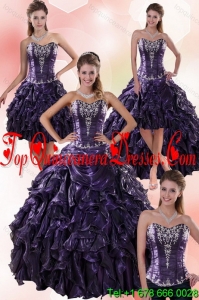 Luxurious Detachable Sweetheart Ball Gown Purple Quince Dresses with Embroidery