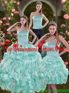 2015 Detachable Aqual Blue Quinceanera Dresses with Beading and Ruffles