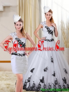 Detachable 2015 One Shoulder Sweetheart White and Black Quinceanera Dress with Appliques