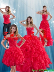 Modest Red Strapless Quinceanera Dress with Ruffles and Beading