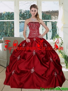 Wine Red Luxurious Strapless 2015 Quinceanera Gown with Embroidery and Pick Ups