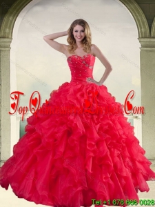 2015 Elegant Red Strapless Quinceanera Dress with Ruffles and Beading