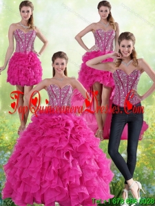 2015 Hot Pink Sweetheart Quinceanera Gown with Beading and Ruffles