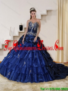 2015 Modest Embroidery and Beaded Strapless Quinceanera Dress in Navy Blue