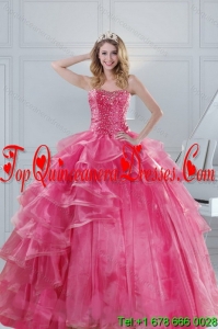 2015 Modest Pink Strapless Sweet 15 Dresses with Beading and Ruffles