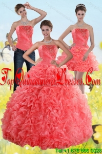2015 Puffy Watermelon Sweet 15 Dresses with Beading and Ruffles