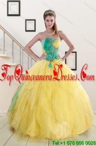 Modest 2015 Strapless Yellow and Green Sweet 15 Dresses with Ruching