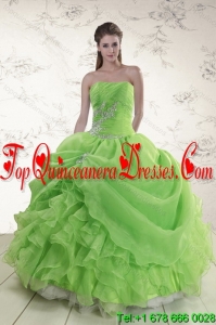 Modest Spring Green Strapless Sweet 15 Dresses with Ruffles and Beading