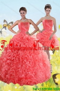 Modest Watermelon Strapless 2015 Quince Dresses with Beading and Ruffles