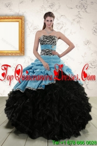 Puffy 2015 Zebra Print Multi Color Strapless Quinceanera Dresses with Ruffles and Pick Ups