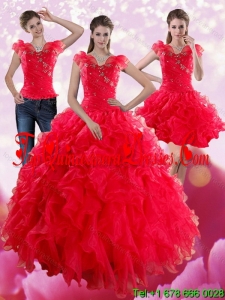 Puffy Red Sweetheart Quince Dresses with Ruffles and Beading for 2015