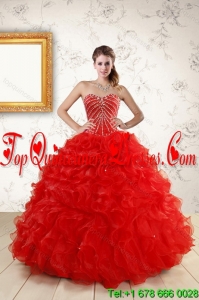 2015 Fashionable Sweetheart Red Quince Dresses With Beading and Ruffles